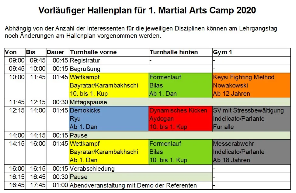 Taekwondo - 1. Martial Arts Campus am 29. Februar 2020 - Vorläufiger Hallenplan