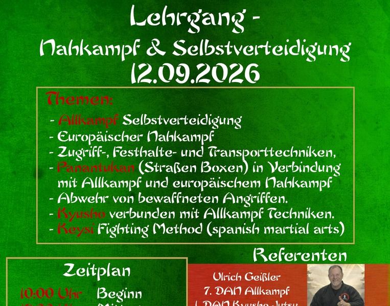 Flyer zum Lehrgang für Nahkampf & Selbstverteidigung am 12.09.2026 in Schleusingen