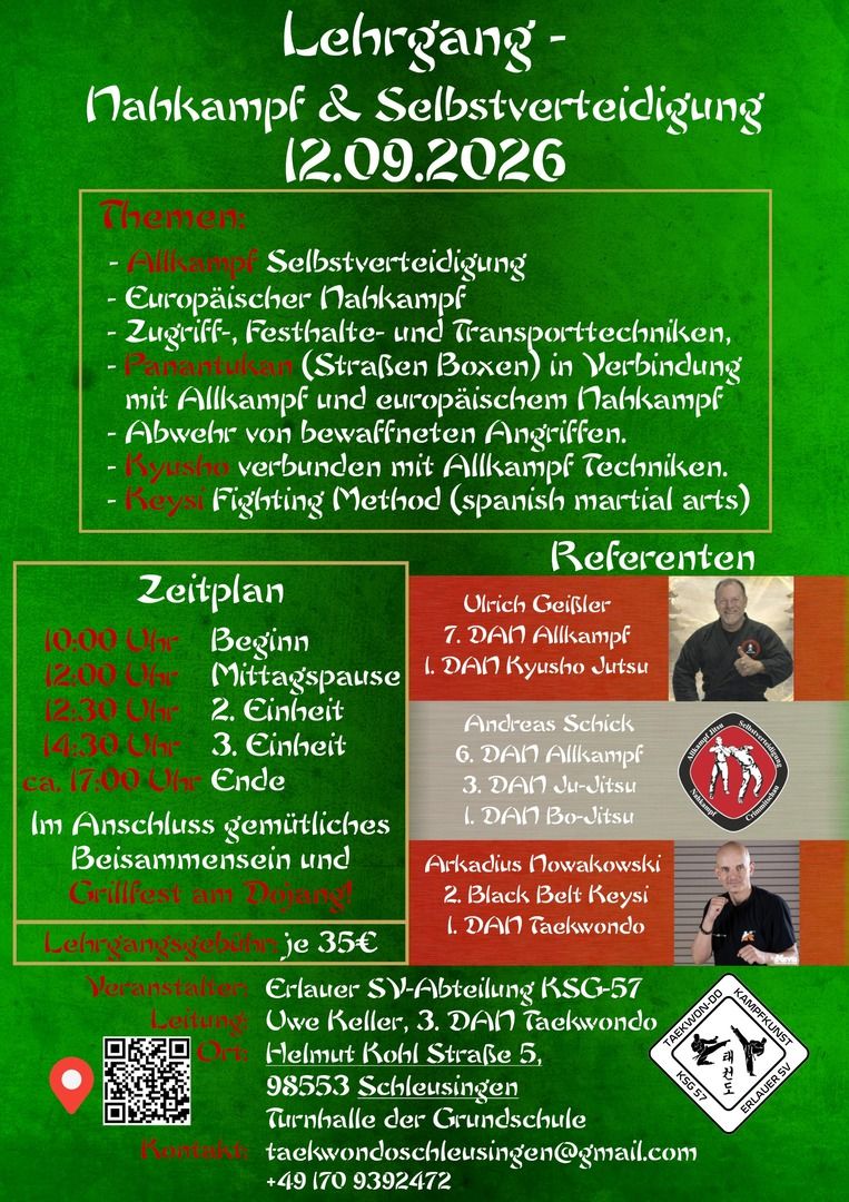 Flyer für Lehrgang für Nahkampf & Selbstvertieigung am 12. September 2026